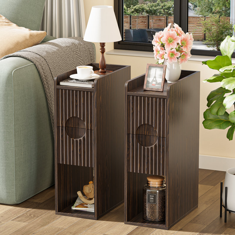 Space-Saving Narrow Nightstand with 2 Drawers and Open Storage, Walnut