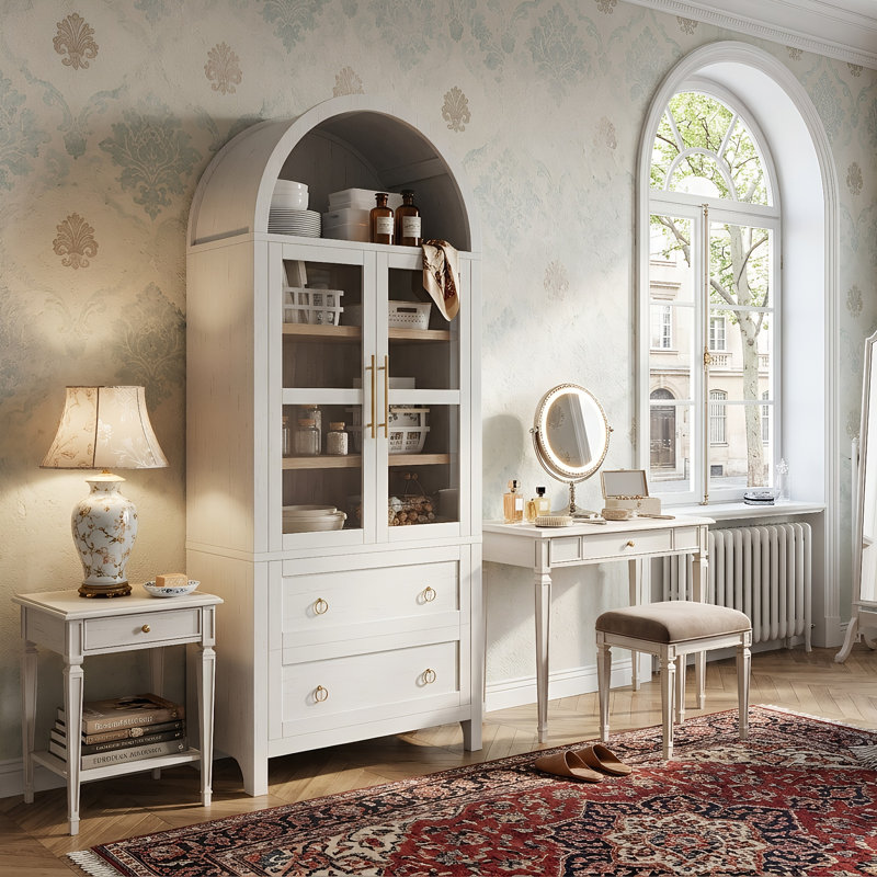 Grand garde-manger arqué de 71 po avec portes en verre, armoire de rangement style campagne moderne avec 2 grands tiroirs et tablettes réglables, blanc / noir