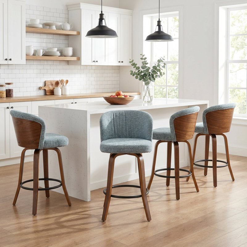 Devault Swivel Upholstered Counter Stool With Wood Frame, Blue