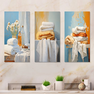 White And Orange Coastal Laundry Towels II - Laundry Metal Wall Art Set Of 3
