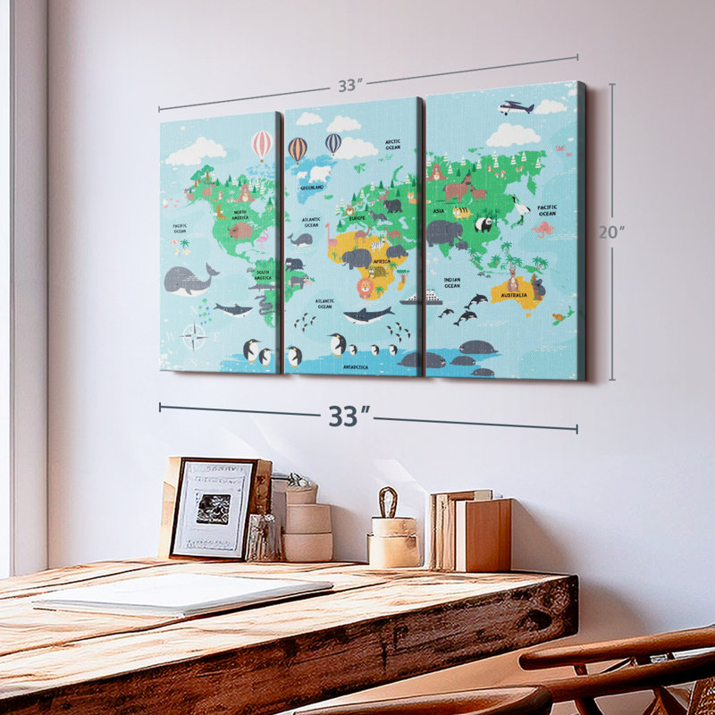 "Carte du monde pour enfants" sur toile, H 20 po x l 33 po x P 1,25 po