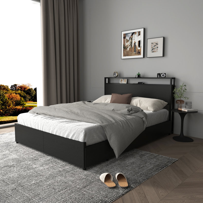 Lit peu encombrant en métal et en MDF avec tête de rangement et charge USB