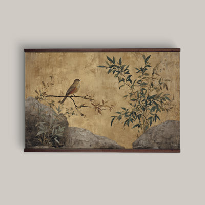 Oiseau botanique rétro, toile de nature encadrée avec branche et pierre