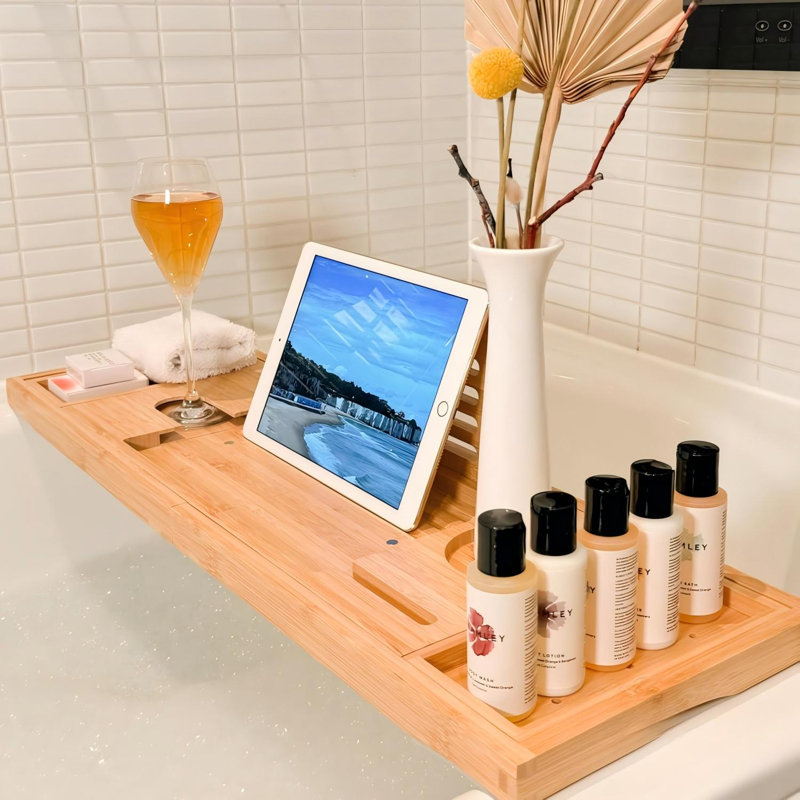 Plateau de baignoire pliable en bambou, extensible et compatible avec tous les accessoires de baignoire