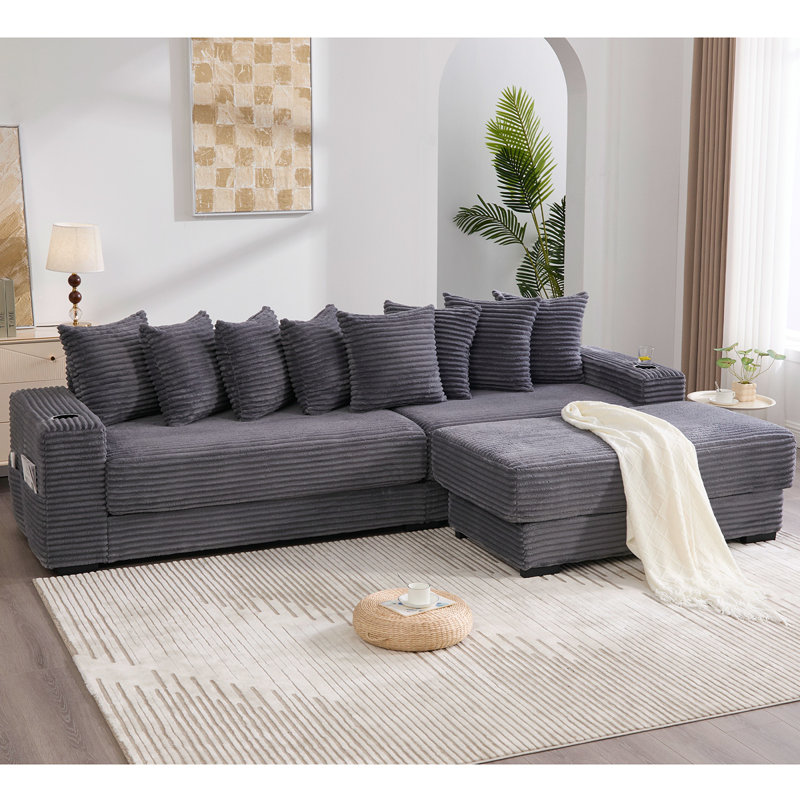 Canapé modulaire en L 110,75 po, canapé modulaire en velours côtelé, avec repose-pieds mobile, porte-gobelets, 8 coussins décoratifs, poche latérale, déplier dans un lit