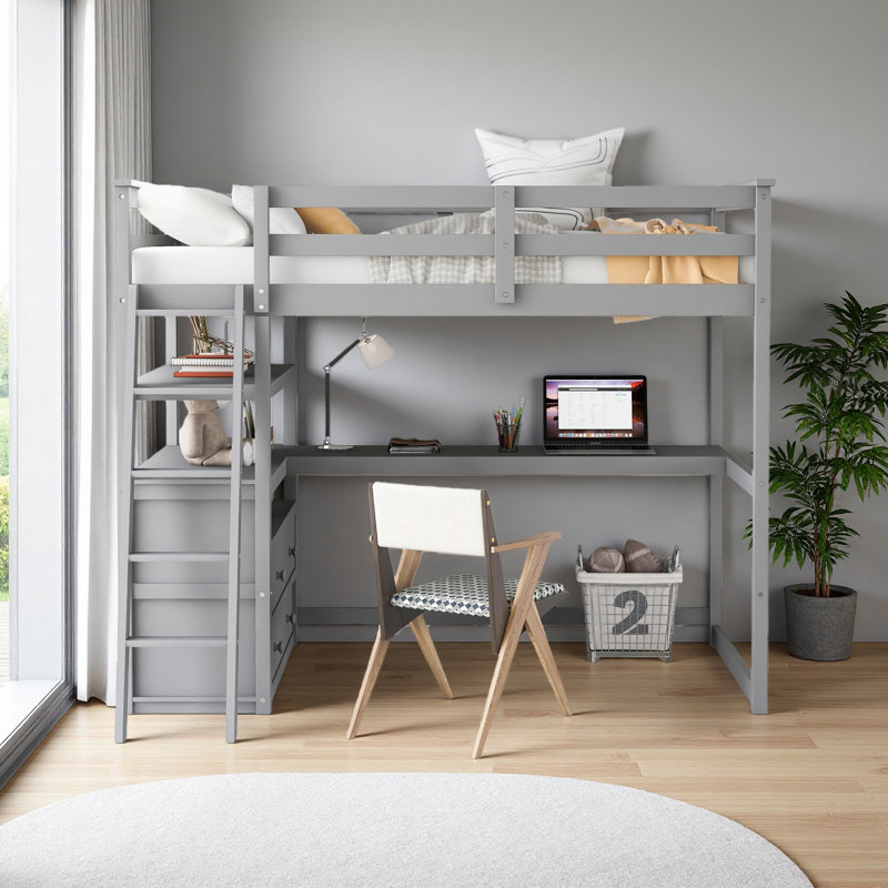Twin Size Loft Bed With Desk And Shelves, Two Built-In Drawers, Gray, Twin