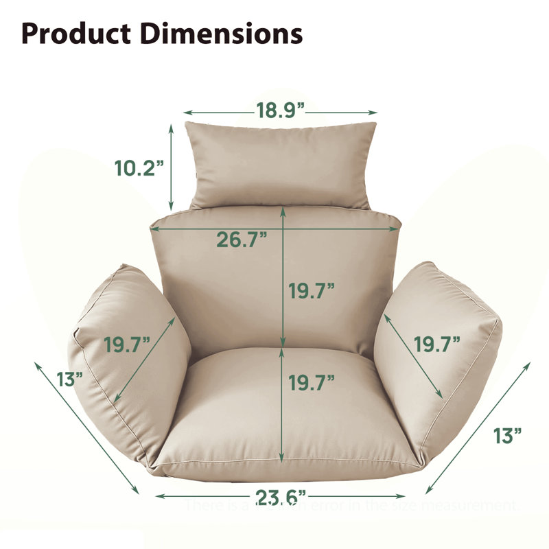 Outdoor Hanging Egg Chair Cushion, Wicker Hammock Swing Chair Replacement Cushion, Oversized Seat Back Cushion, Beige