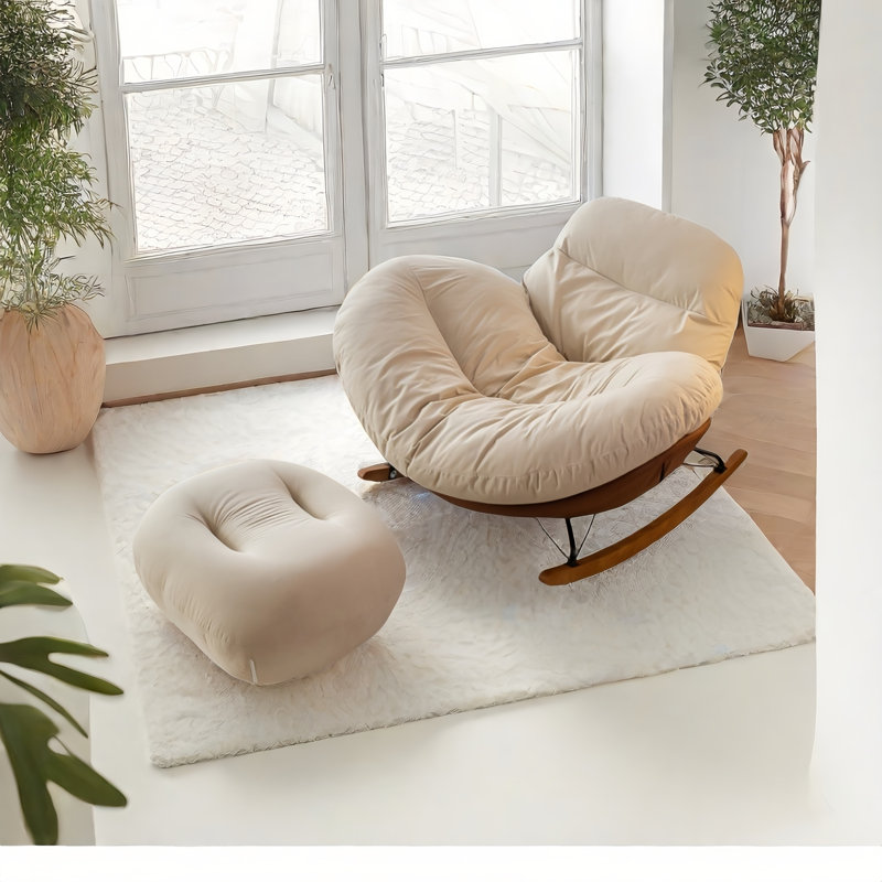 Chaise berçante moderne avec repose-pieds, Blanc cassé / Brun