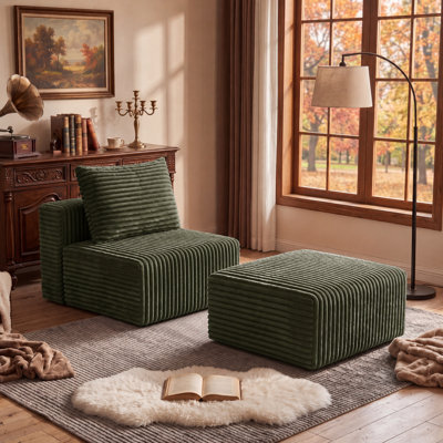 Chaise modulaire sans accoudoirs avec repose-pieds, siège profond avec ressorts ensachés, aucun assemblage requis, canapé modulaire à compression pour salon, vert