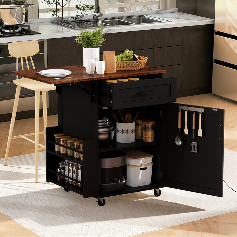 Farmhouse Rolling Kitchen Island With Drop Leaf, Kitchen Storage Cart With Drawer, Open Side Rack And Towel Rack,, Black
