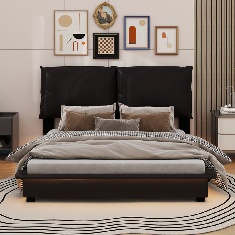 Lit plateforme tapissier Kailanni avec capteur de lumière et dossiers ergonomiques, Grand, Noir