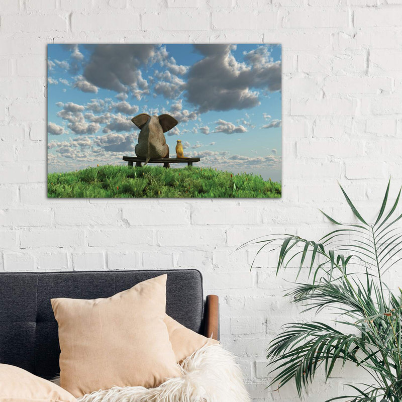 Elephant And Dog Are Sitting On A Meadow by Mike Kiev - Wrapped Canvas Print, 101.6 cm H x 66.04 cm W x 3.175 cm D