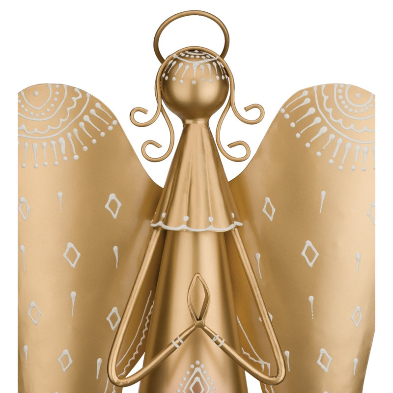 Metal Standing Angel Figurine with Intricate Wing Design and Detailed Hand Painted Artwork, 23" H x 11" W x 7.5" D, Gold