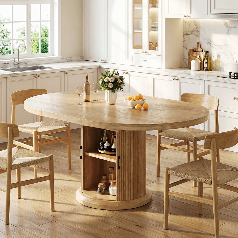 47"-63" Extendable Round/Oval Dining Table for 4-8, Pedestal Base with 2-Tier Dust-Proof Storage Shelf, Space-Saving Wood Dining Table