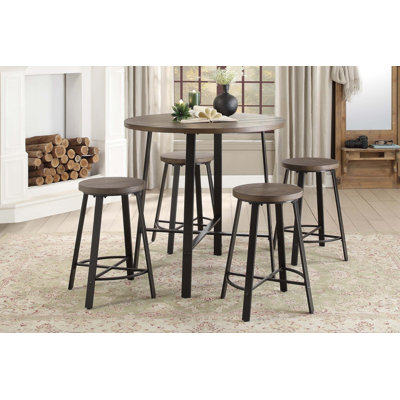 5pc Counter Height Set Round Table and 4 Stools Gray Metal Finish Furniture