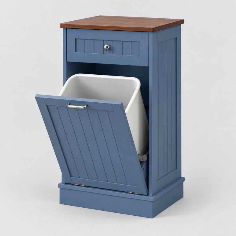 Meuble de poubelle basculant de style champêtre avec tiroir de rangement, en bois, d'une capacité de 38 litres (10 gallons), idéal pour la cuisine et la buanderie - Bleu/Une porte