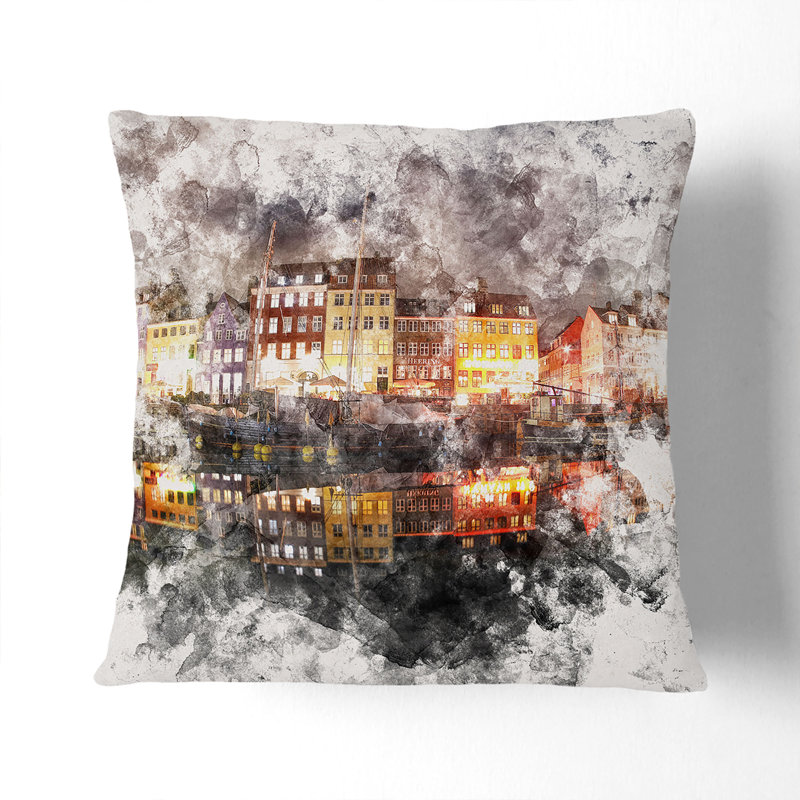 Nyhavn Canal in Denmark Watercolour Cushion with Filling, Black, 40cm H x 40cm W x 15cm D