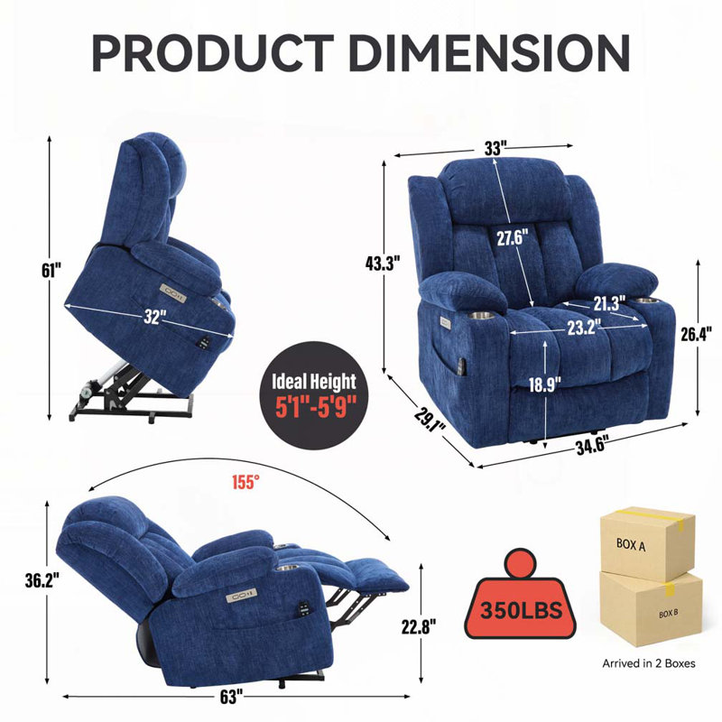 Chenille Power Lift Recliner Chair  with 8-Point Vibration Massage and Lumbar Heating, USB and Type-C Ports, Blue