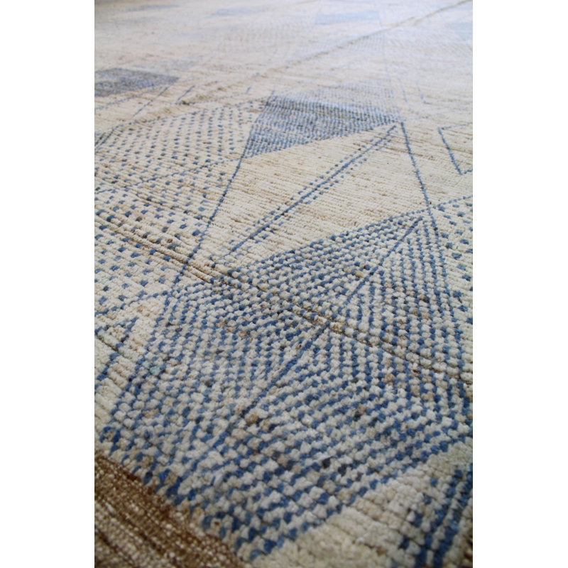 Tapis ivoire / bleu en laine noué à la main de conception unique 12 pi 5 po x 15 pi 2 po New Age