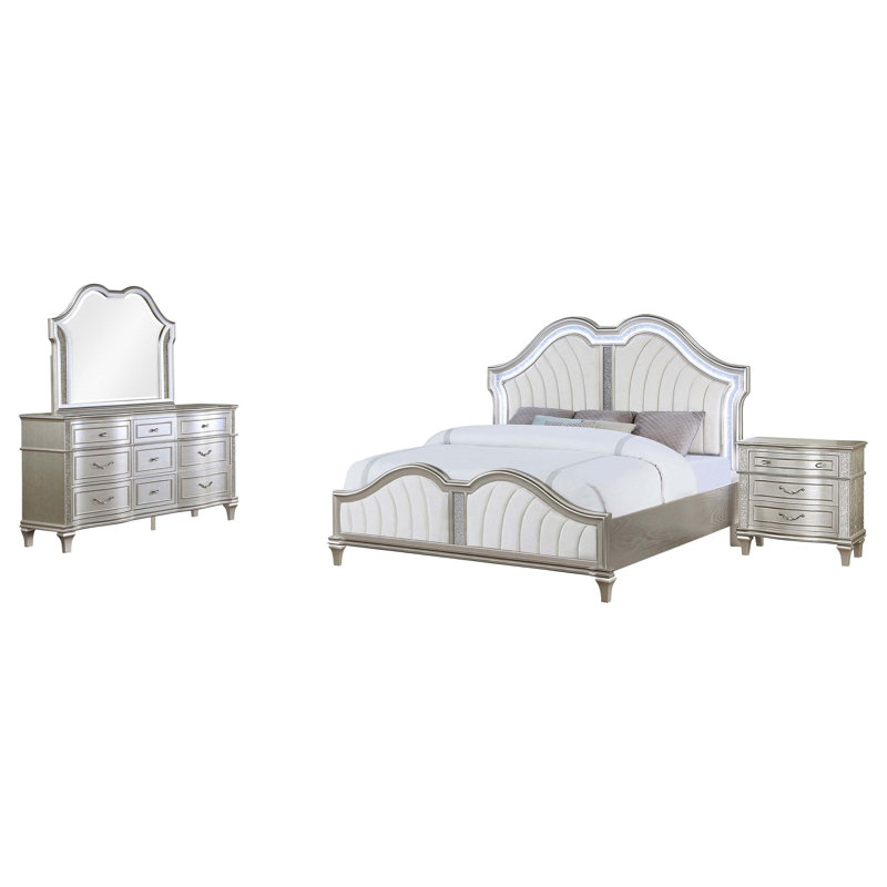 Ensemble de chambre à coucher 4 pièces élégant et fonctionnel avec des éléments de design contemporain pour un espace de sommeil luxueux et confortable.