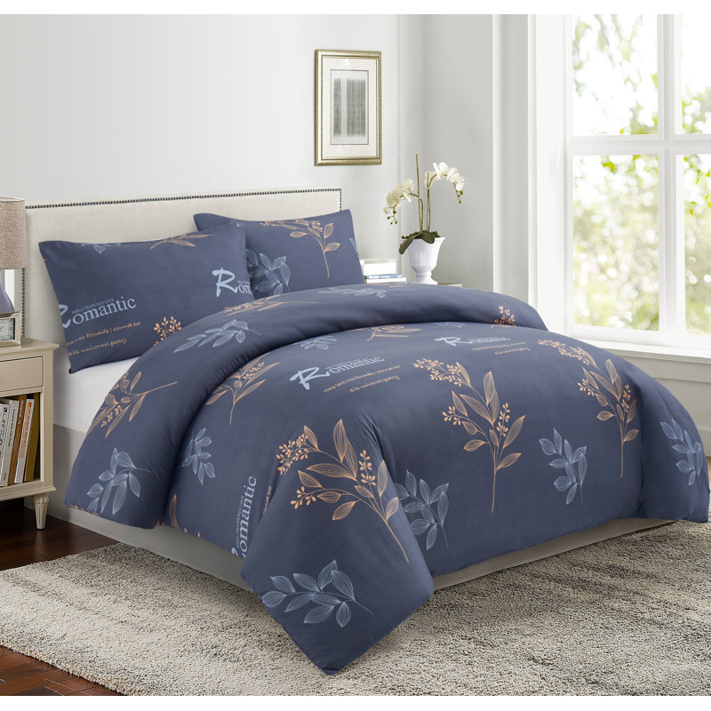 Ensemble de housse de couette en rayonne , Housse de couette pour grand lit - 2 taies d'oreil, Pêche / gris / floral bleu
