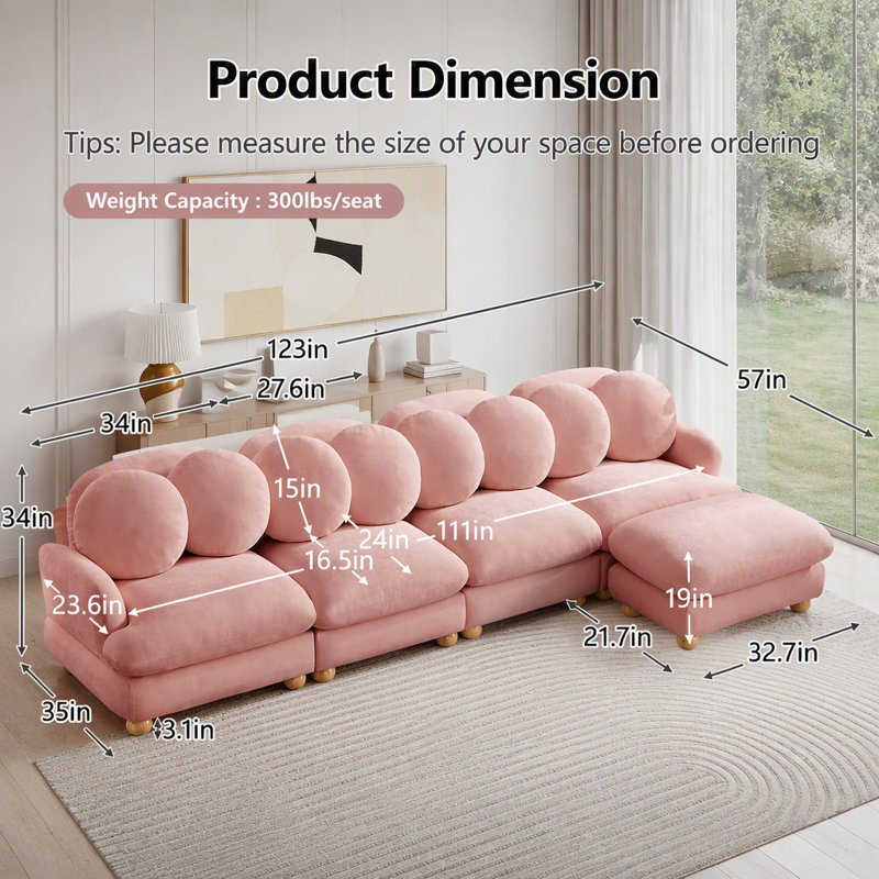 Canapé modulaire modulaire avec revêtement en chenille et repose-pieds mobile, Chenille rose