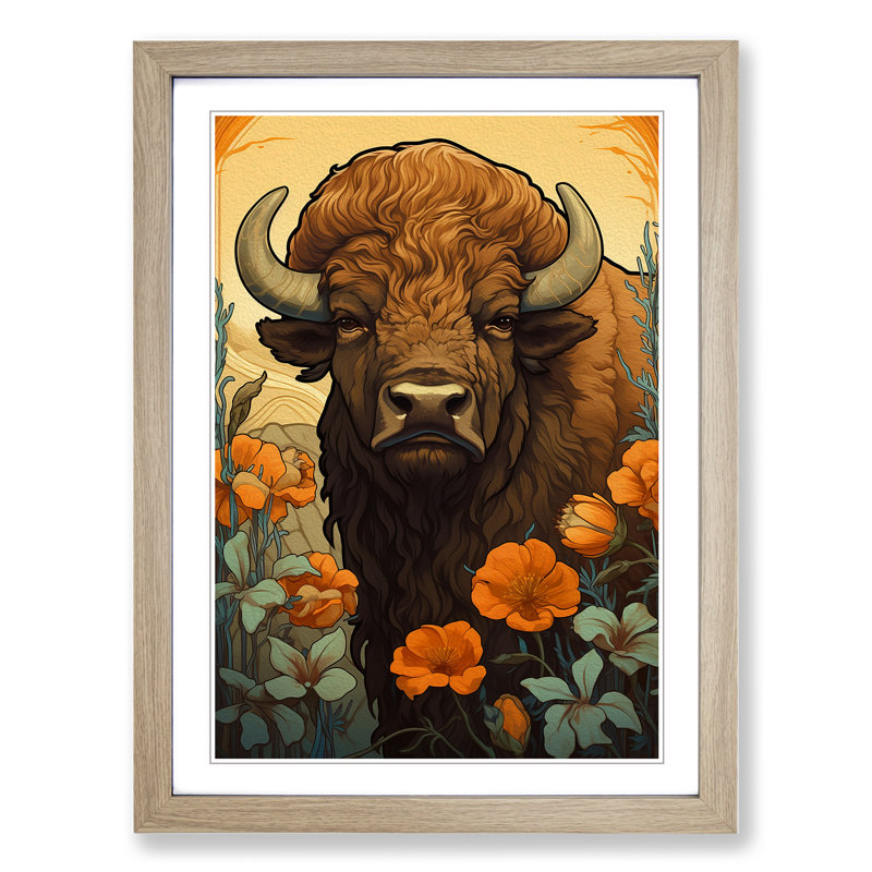 Bison Nouveau No.2 - Framed Print, Oak Framed, 34cm H x 25cm W x 2cm D