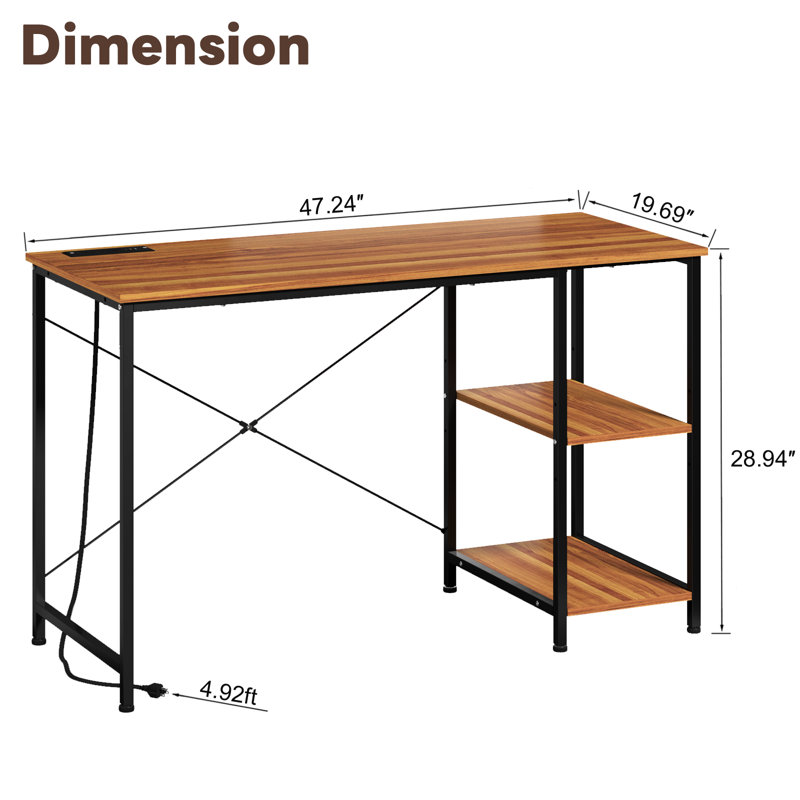 Desk with Shelves, Small Computer Desk with Charging Station, Study Table, Writing Desk, Bedroom Desk with Metal Frame, Rustic Small Office Desk for Home, Walnut