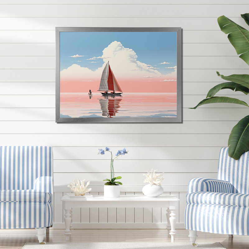 Voilier blanc naviguant au coucher du soleil rose I - impression, H 30 po x l 40 po x P 1,5 po, Cadre simple argenté