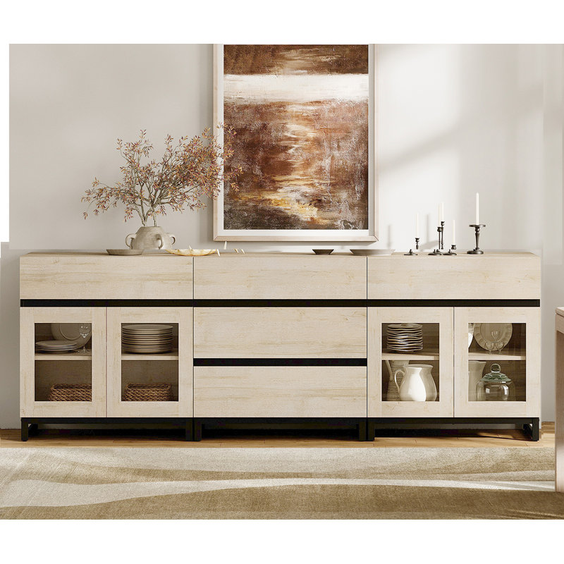 3 In 1 Multifunctional Sideboard Buffet Cabinets With Glass Doors And 5 Drawers, Modern Sideboard Credenza With Adjustable Shelf And Metal Base, Coffee Bar Cabinet Storage Cabinet For Living Room, Kitchen