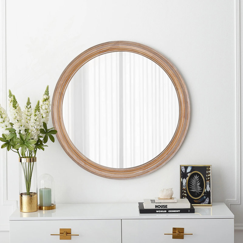 Miroir rond rond avec cadre en bois avec détail nervuré, 23,62 po, 23,62 po x 23,62 po, Naturel