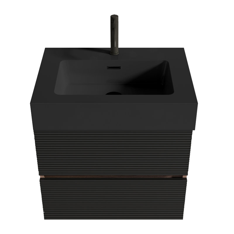 Meuble-lavabo de style moderne du milieu du siècle, 61 cm (24 po), avec vasque monobloc, bonde en forme de U, système d'évacuation silencieux, panneaux de qualité E1, panneau à grille noire résistant à 50 000 cycles d'ouverture/fermeture, deux tiroirs, revêtement à base d'eau E0
