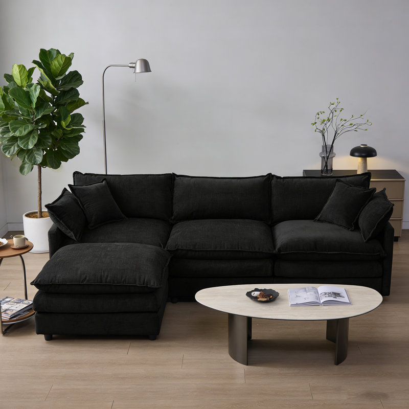 105" Modular Sectional Couch,Upholstered Soft Chenille Fabric Sofa,3 Seater With Ottoman L Shape Sofa Black, Black Chenille