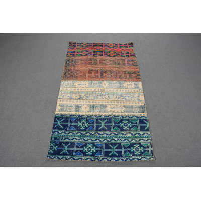 Vintage Turkish Oushak Patchwork Accent Rug, Blue Worn Out Look for Bedroom Decor