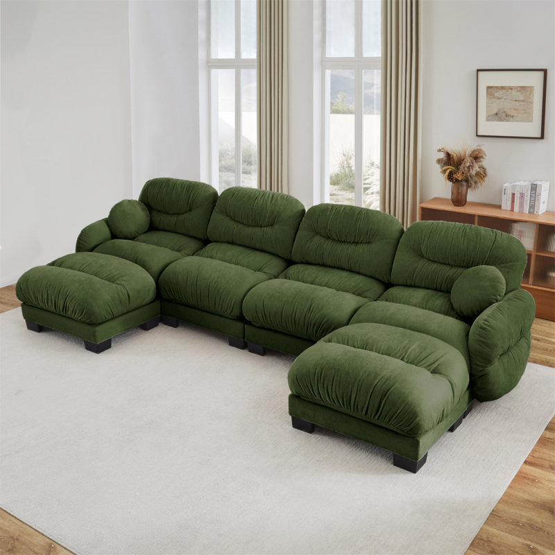 Canapé modulaire confortable à 4 places en tissu de chenille plissé avec siège ergonomique en mousse haute densité, canapé modulaire en forme de U avec 2 repose-pieds, accoudoirs arrondis arrondis et 2 coussins décoratifs ronds