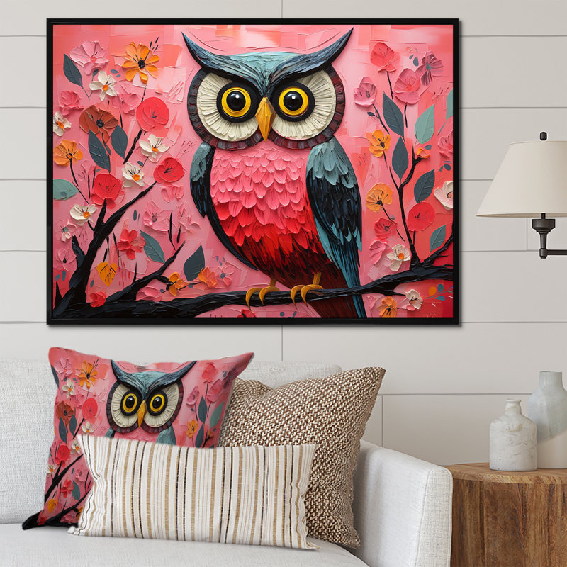 «Rose and Blue Owls Gaze III», art mural hibou, Cadre flottant noir, H 34 po x l 44 po x P 1,5 po