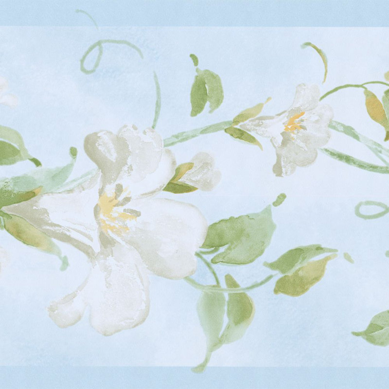 Bordure de papier peint à motif de feuilles et de fleurs L 15 pi x l 7 po, Clair / bleu / vert