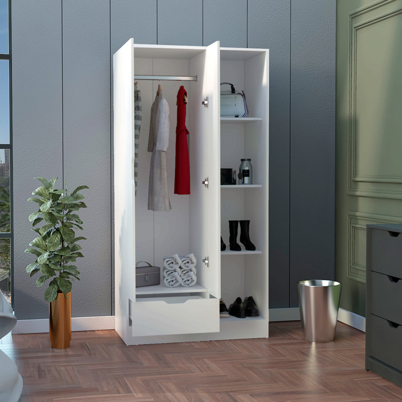 Armoire penderie avec tablettes de rangement à 4 niveaux et tiroir, Blanc