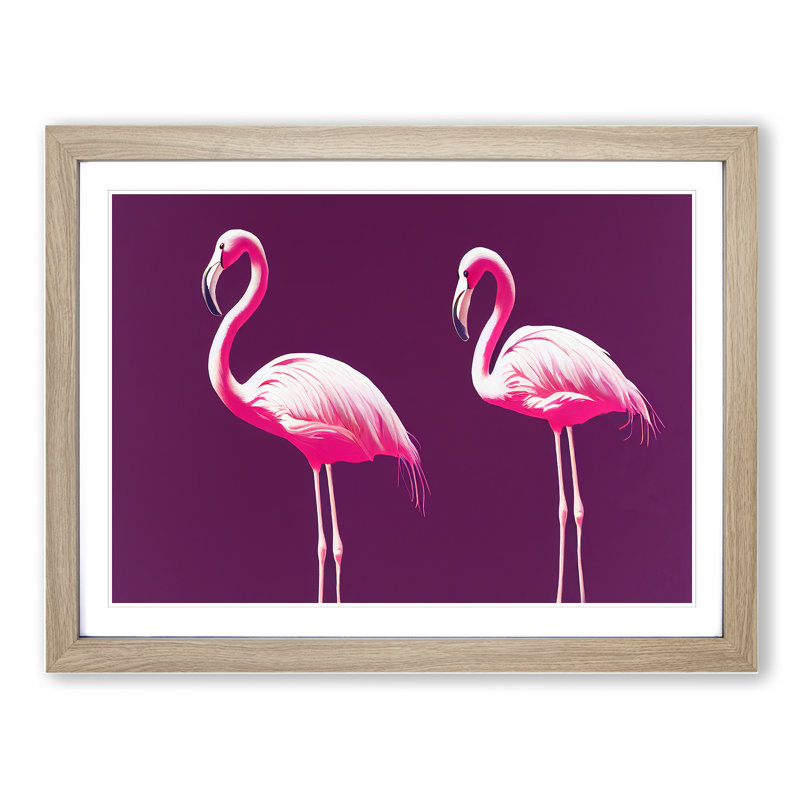 Flamingos - Single Picture Frame Print, 25cm H x 34cm W x 2cm D, Oak Framed