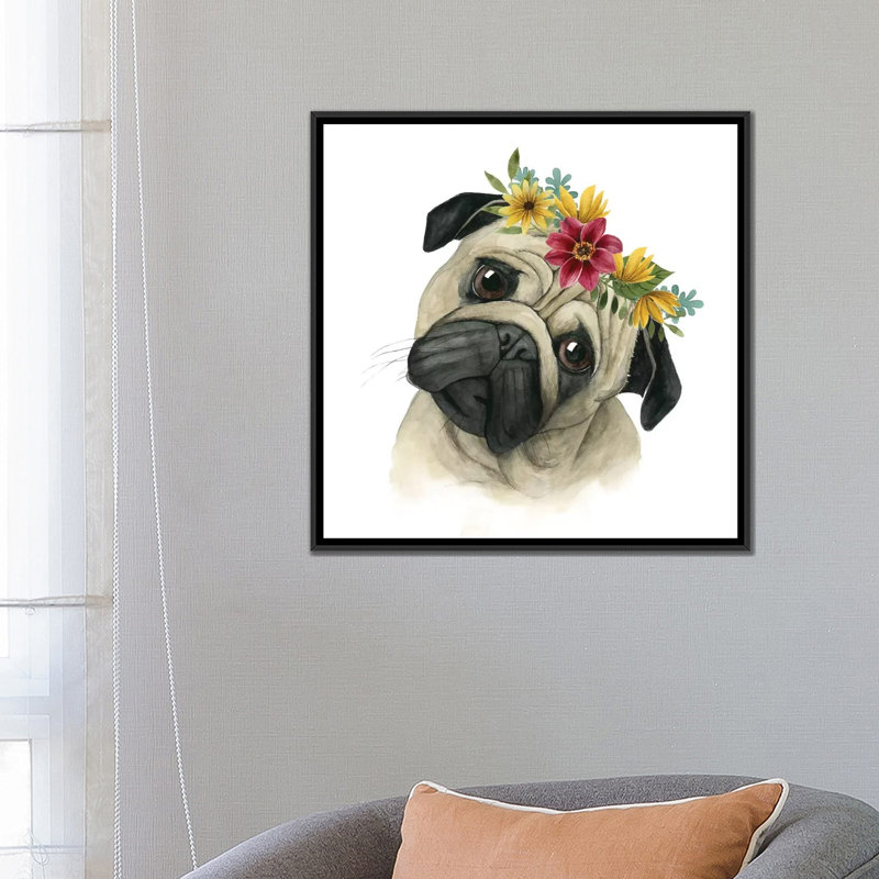 « fleur couronne pup i », impression sur toile, H 26 po x l 26 po x P 1,5 po, Toile avec cadre flottant noir, Pas de tapis