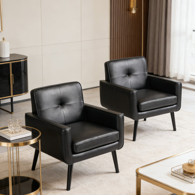 Cottle Mid Century Accent Chair Set Of 2, PU Leather Living Room Chairs with Wooden Frame, Cozy Armchair Reading Chair with Comfy Back for Apartment, Living Room, Bedroom, Waiting Room, Small Space, Corner