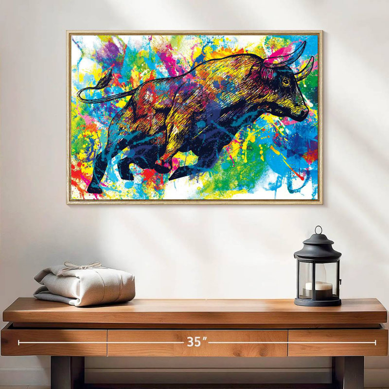 Éclaboussure de peinture Bull, 25 po x 17 po, Cadre flottant en bois naturel