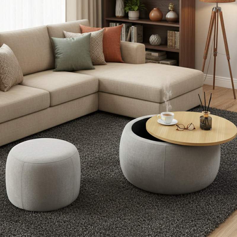 Repose-pieds de rangement rond de 25 po de largeur avec couvercle amovible, repose-pieds et table basse entièrement assemblés, gris