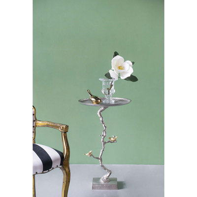 Nature-Inspired Round Aluminum End Table with Sculptural Branch and Bird Accents