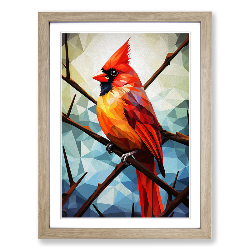 Cardinal Bird Geometric - Single Picture Frame Print on Wood, Oak Framed, 34cm H x 25cm W x 2cm D