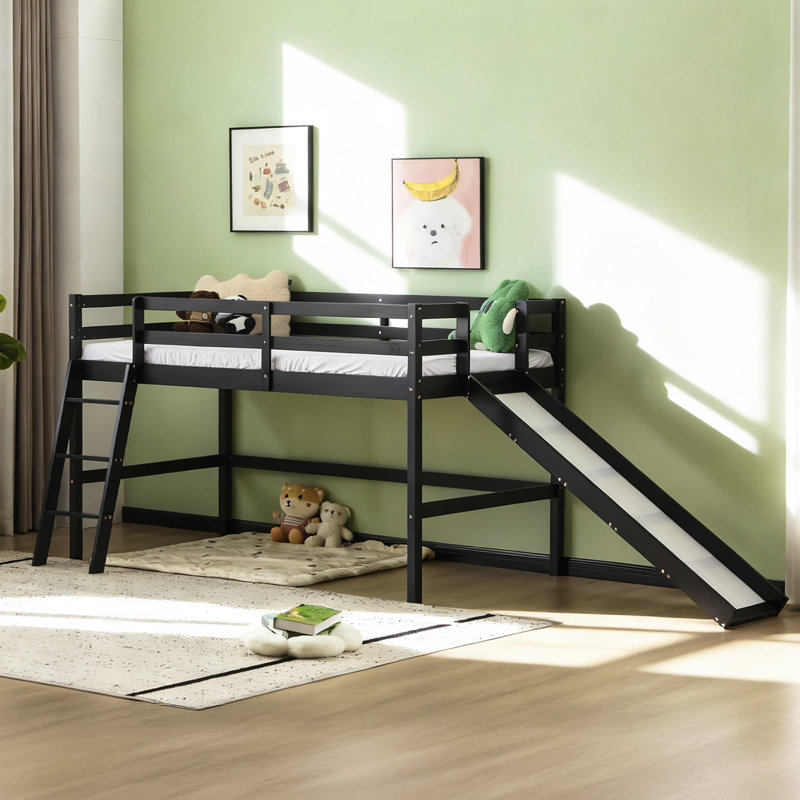 Loft Bed With Slide, Twin, Space Saving Kids Low Loft Bed With Guardrail And Ladder, Black