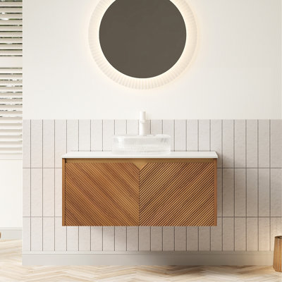 Meuble-lavabo de 36 po avec vasque ronde en verre transparent, plateau en pierre frittée blanche, armoire en contreplaqué flottant, garniture en métal à double porte en sergé et meuble-lavabo à fermeture douce, portes d'armoire,