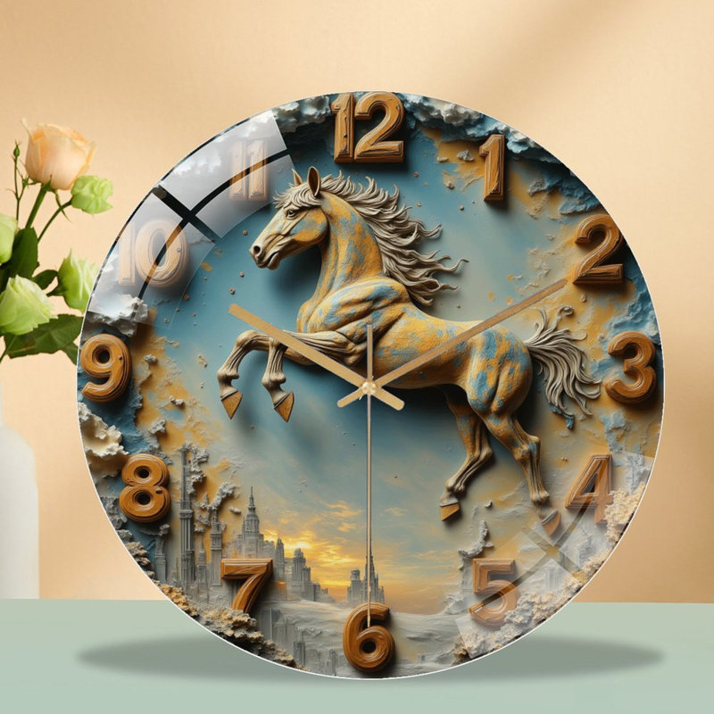 Horloge murale silencieuse en verre trempé de 30 cm, « Horloge murale Cheval », sans tic-tac, fonctionne avec des piles (piles AA non comprises), décoration artistique pour la maison