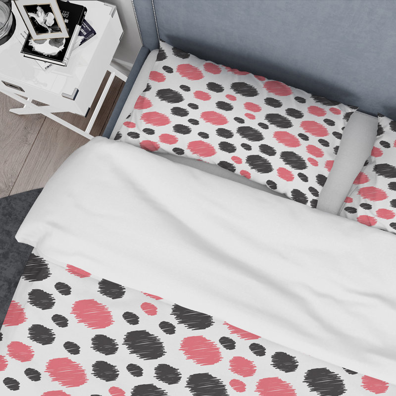 Ensemble de housse de couette abstraite rose et noir à pois - Polyester en microfibre