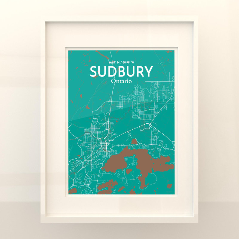 Sudbury City Map, impression, H 20 po x l 16 po, Vert / Brun